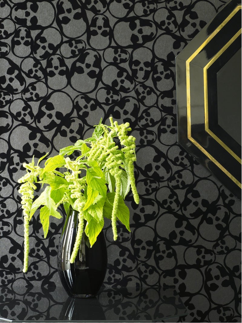 Graham & Brown 19911 Barbara Hulanicki Flock Skulls Flocked Wallpaper, Black - Image 2